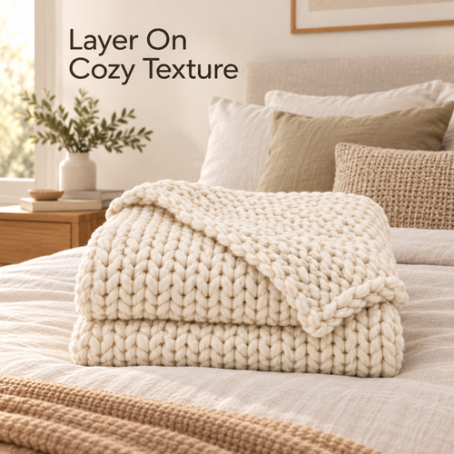 Ivory Chunky Knit Throw Blanket 50 x 60 Inch