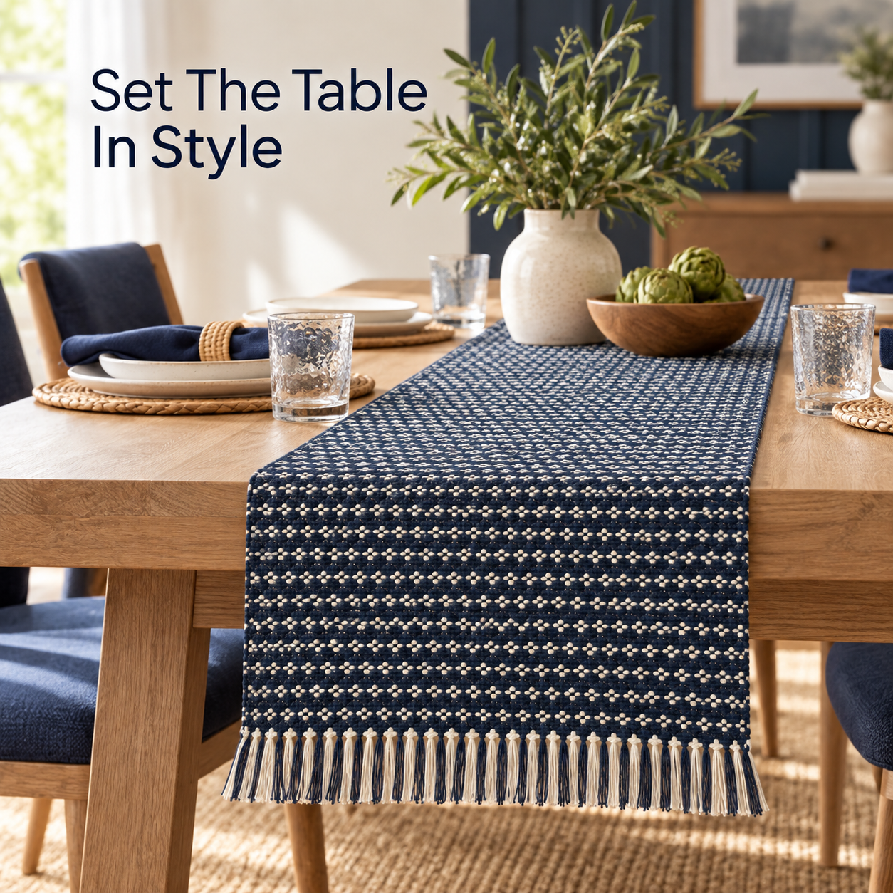 Navy Geometric Woven Table Runner 14 x 72 Inch