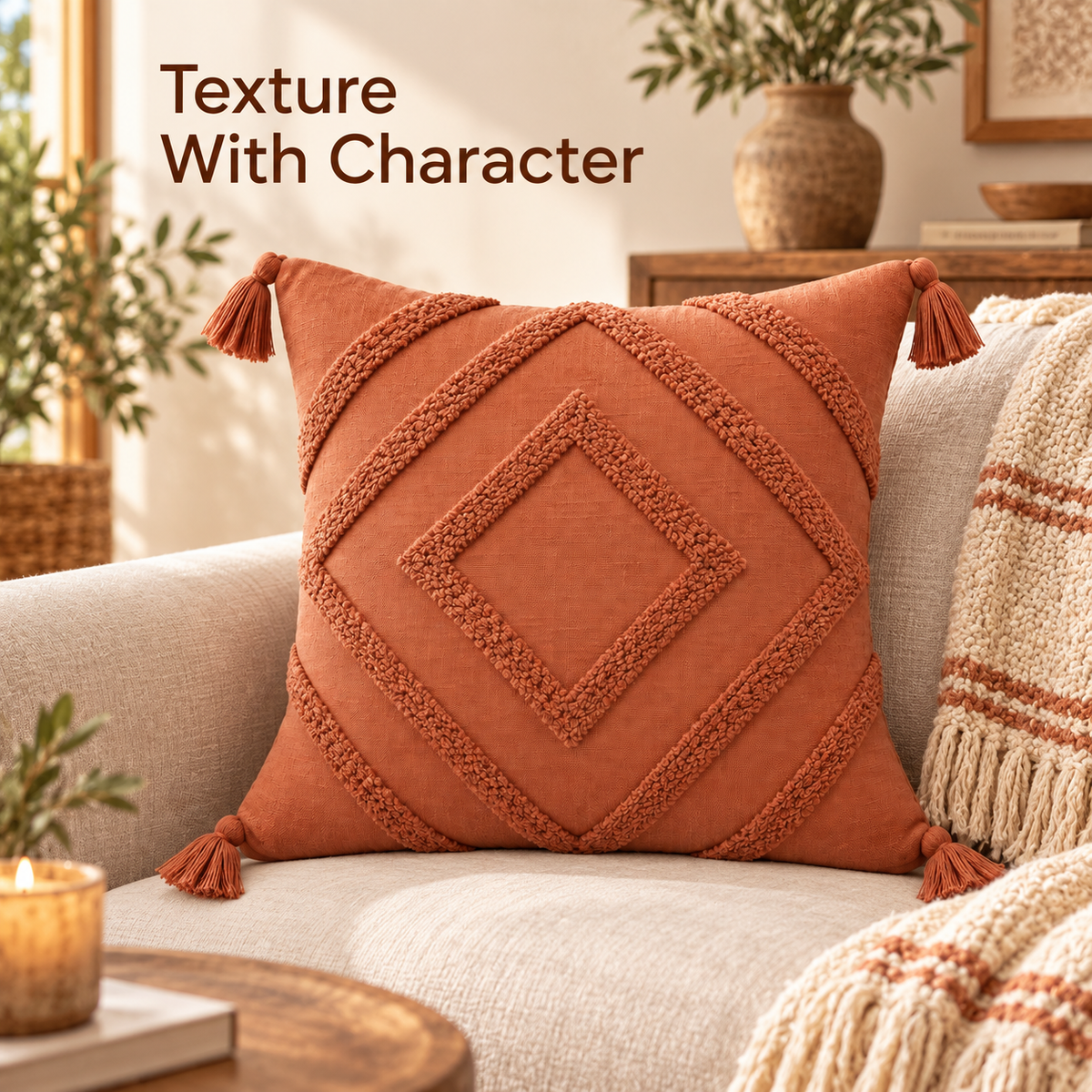 Terracotta Tufted Tassel Cushion Cover 18 x 18 Inch