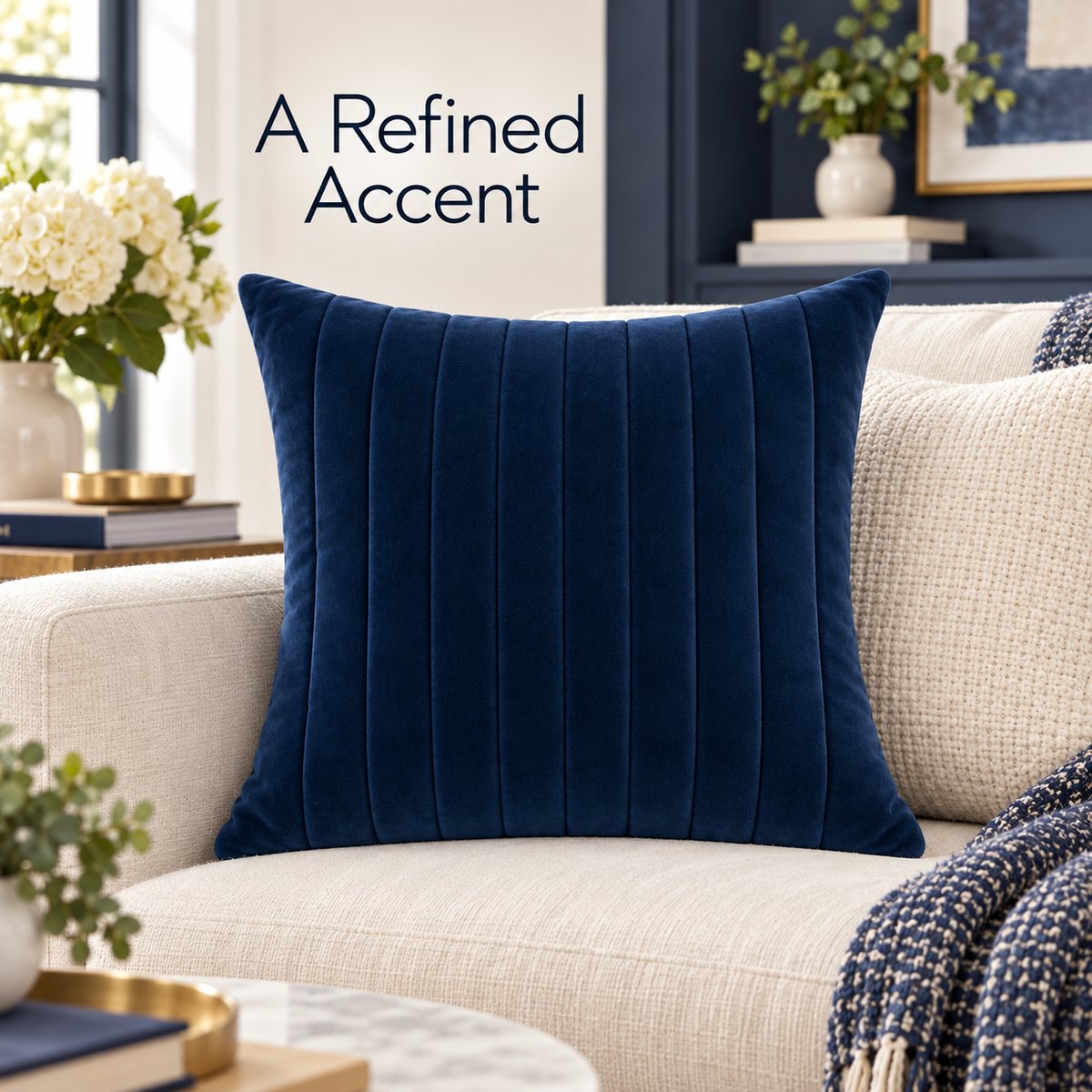 Navy Channel Velvet Cushion Cover 18 x 18 Inch