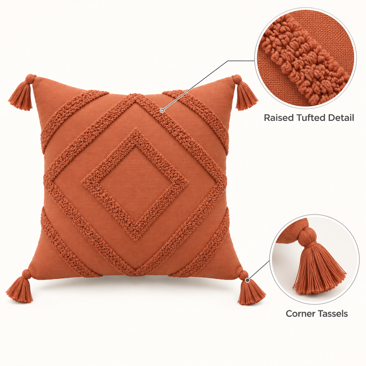Terracotta Tufted Tassel Cushion Cover 18 x 18 Inch