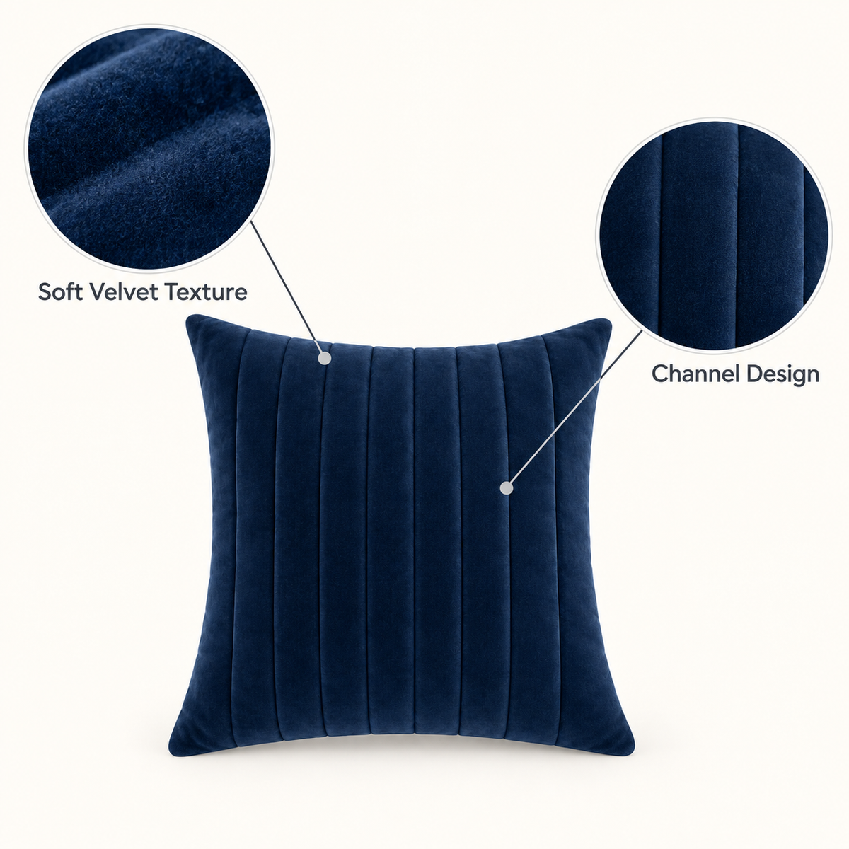 Navy Channel Velvet Cushion Cover 18 x 18 Inch
