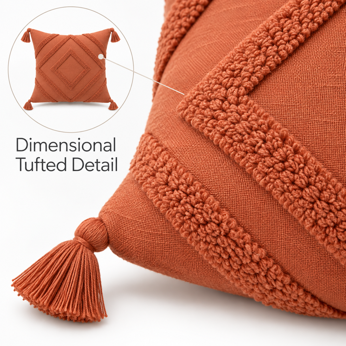 Terracotta Tufted Tassel Cushion Cover 18 x 18 Inch