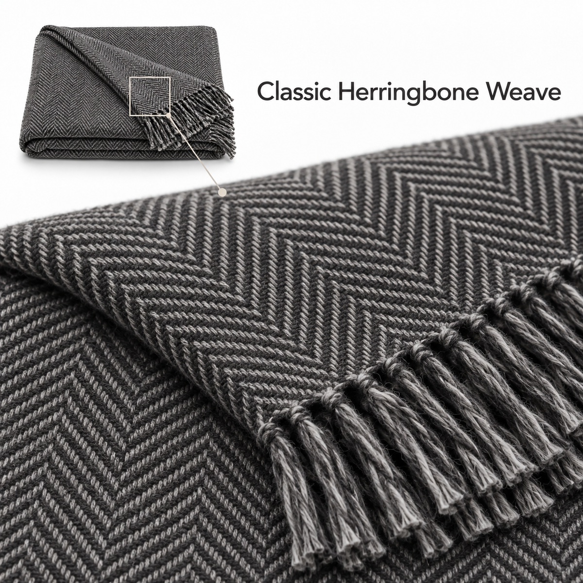 Charcoal Herringbone Throw Blanket 50 x 60 Inch